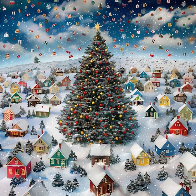 a picture of a village with a christmas tree and houses