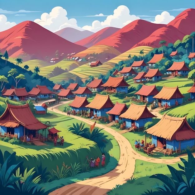 a picture of a village with a mountain in the background