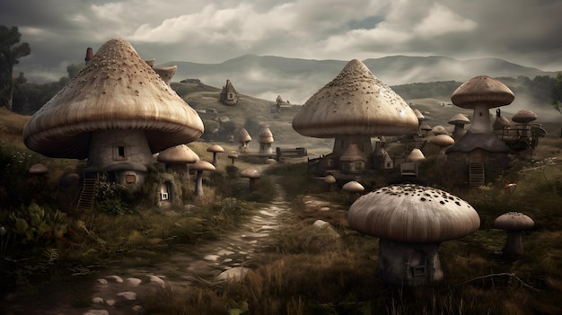 A picture of a village with a mushroom house on the left.