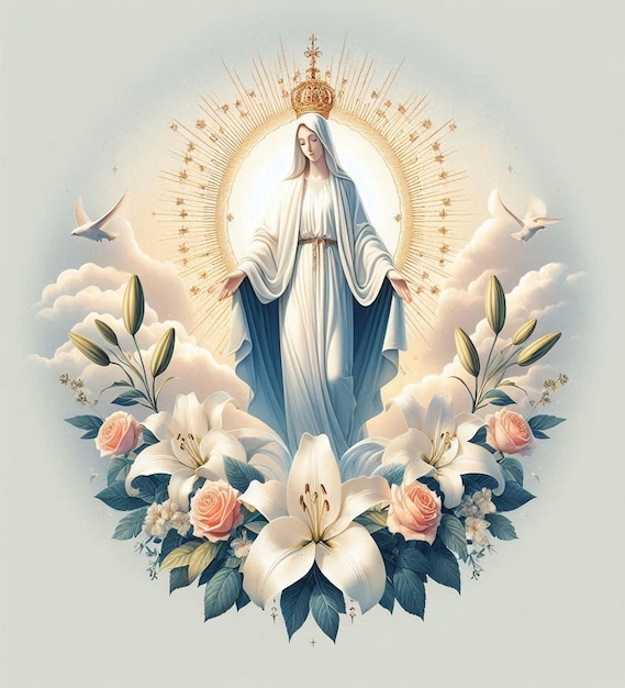 Photo a picture of a virgin mary in a frame of flowers and a picture of a woman in a crown