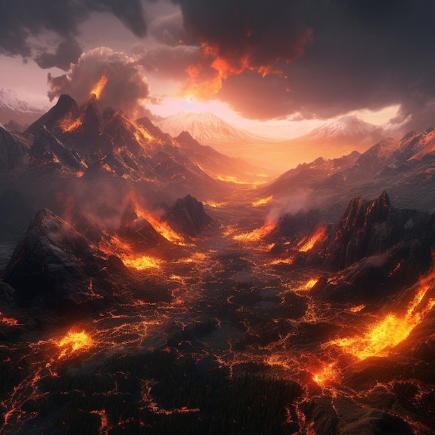 A picture of a volcano with a dark sky and a mountain in the background