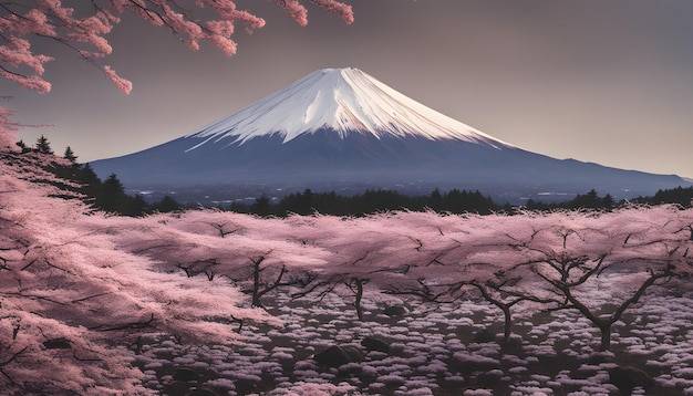 a picture of a volcano with pink cherry blossoms in the background