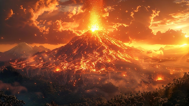 a picture of a volcano with a yellow star in the sky