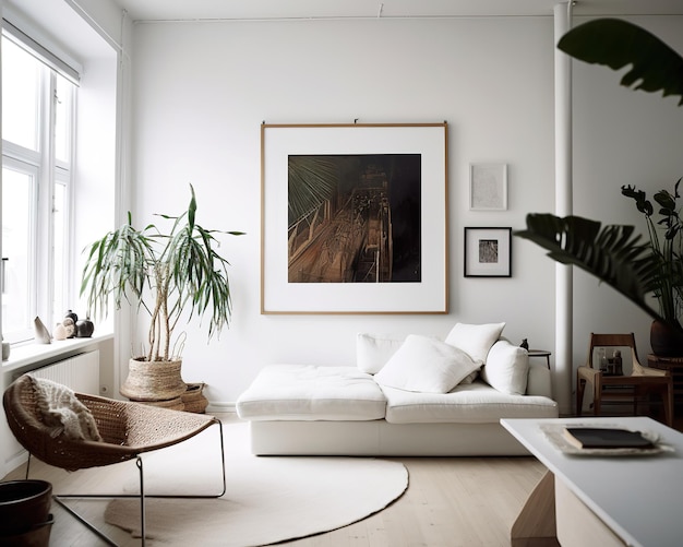 A picture on the wall of a living room with a plant in the corner.