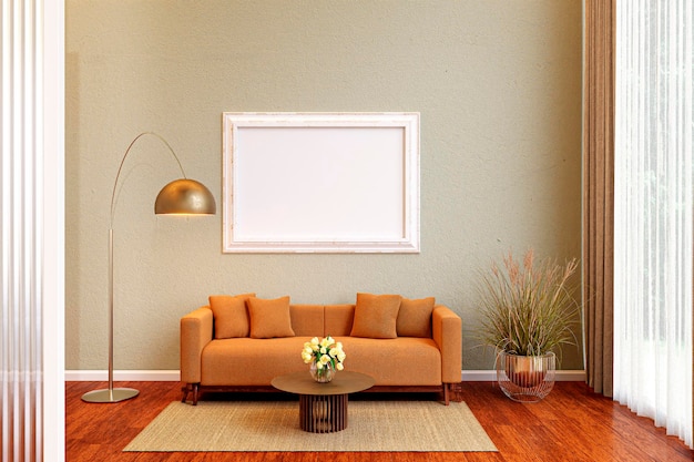 Picture wall mockup frame in a living room 3d rendered illustration