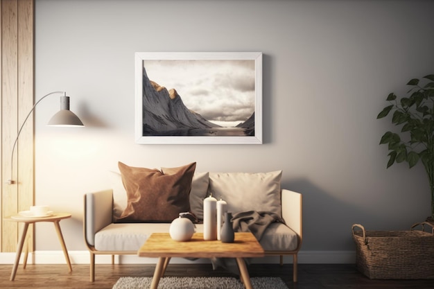 A picture on a wall shows a mountain scene.