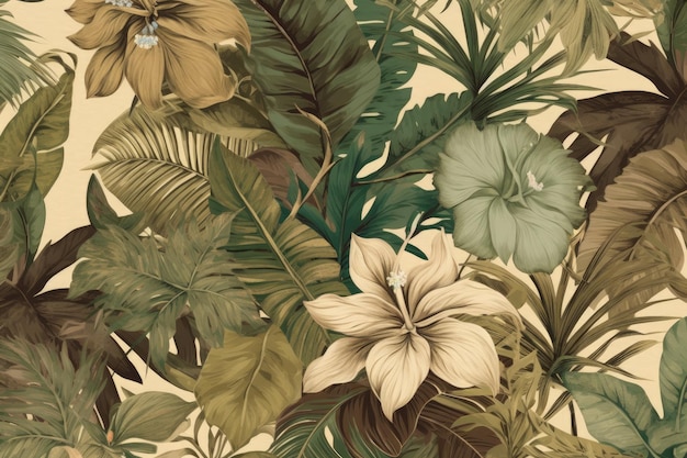 A picture of a wallpaper with tropical leaves and flowers generative AI