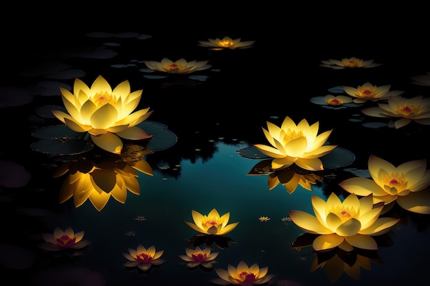 A picture of water lilies with yellow lights on them