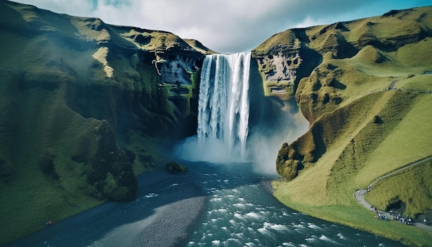 a picture of a waterfall that is in the middle of a mountain