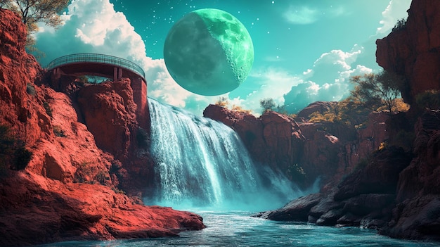 a picture of a waterfall with a green ball on the top