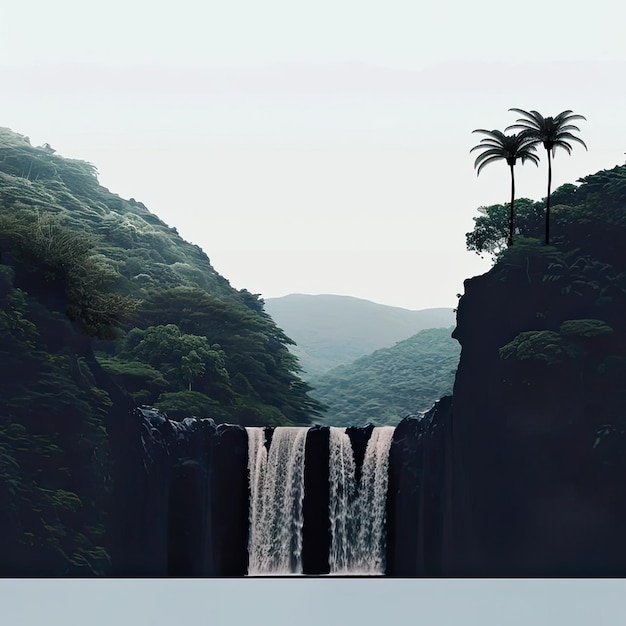 a picture of a waterfall with a palm tree on the top