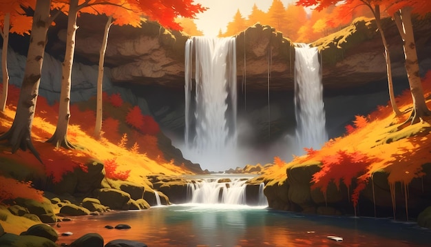 a picture of a waterfall with a picture of a waterfall and the fall foliage