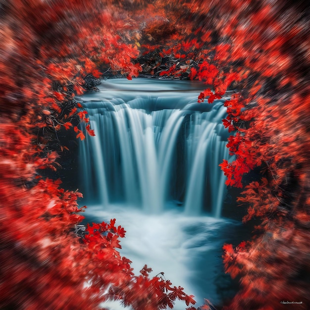 Photo a picture of a waterfall with red leaves on it