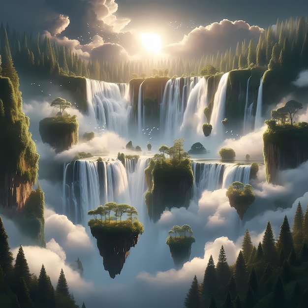 a picture of a waterfall with the sun shining through the clouds