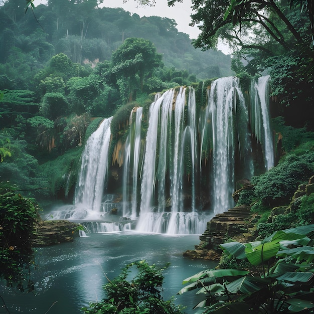 a picture of a waterfall with a waterfall in the background Beautiful landscape of waterfall