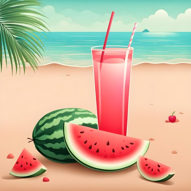 a picture of a watermelon and a drink on a beach