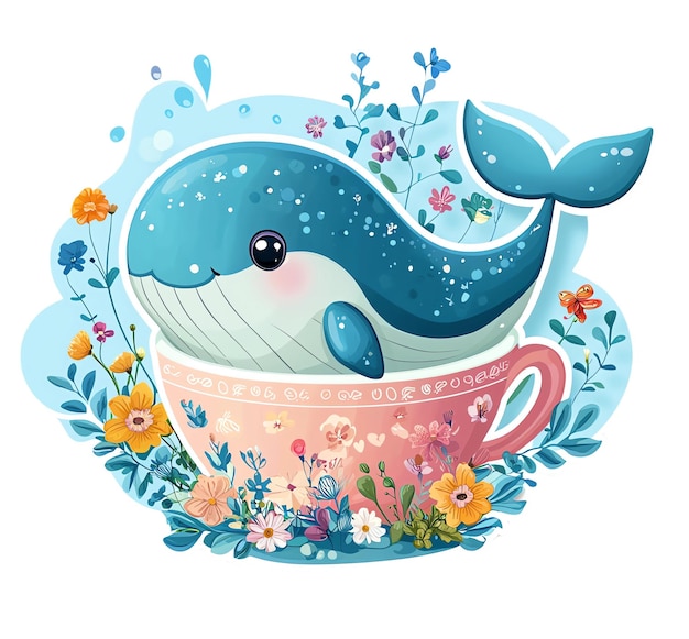 Photo a picture of a whale with flowers and a picture of a dolphin in a cup