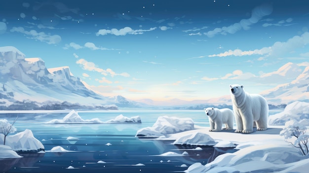 A picture whimsical and imaginative illustration depicting a family of polar bears in an enchanting snowy landscape