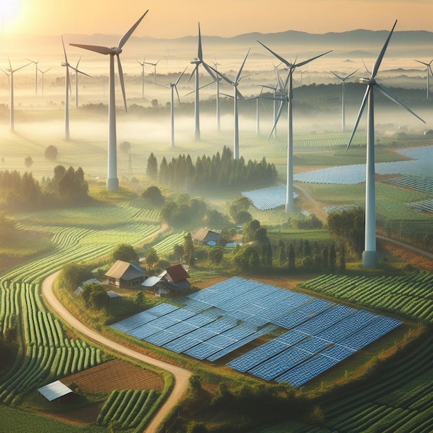 a picture of a wind farm with a sun and a field of green grass