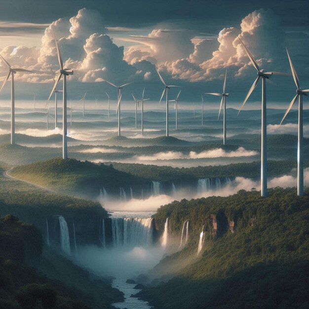 Photo a picture of a wind farm with a waterfall in the background