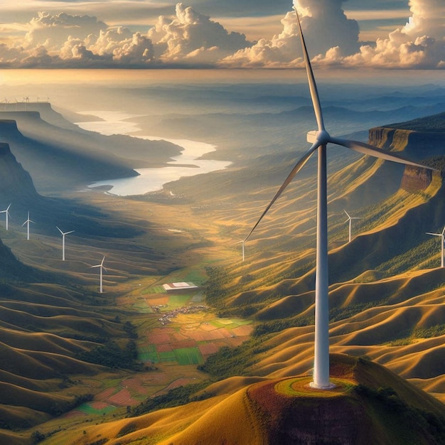 a picture of a wind turbine with a landscape in the background