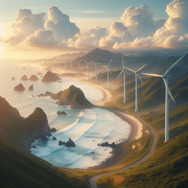 a picture of wind turbines on a beach with the sun setting behind them