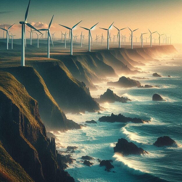 a picture of wind turbines on a cliff overlooking the ocean