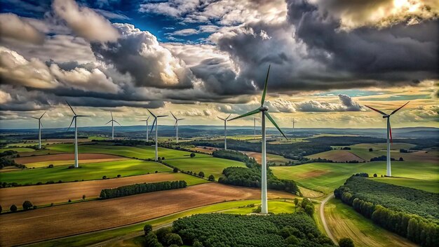 a picture of wind turbines in a field with the clouds in the background