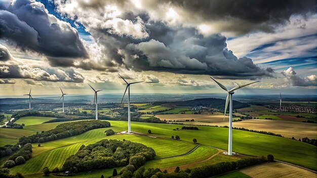 a picture of wind turbines in a field with the sky in the background