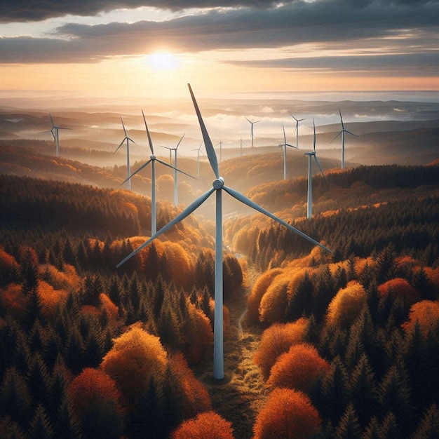 a picture of wind turbines in the middle of a forest