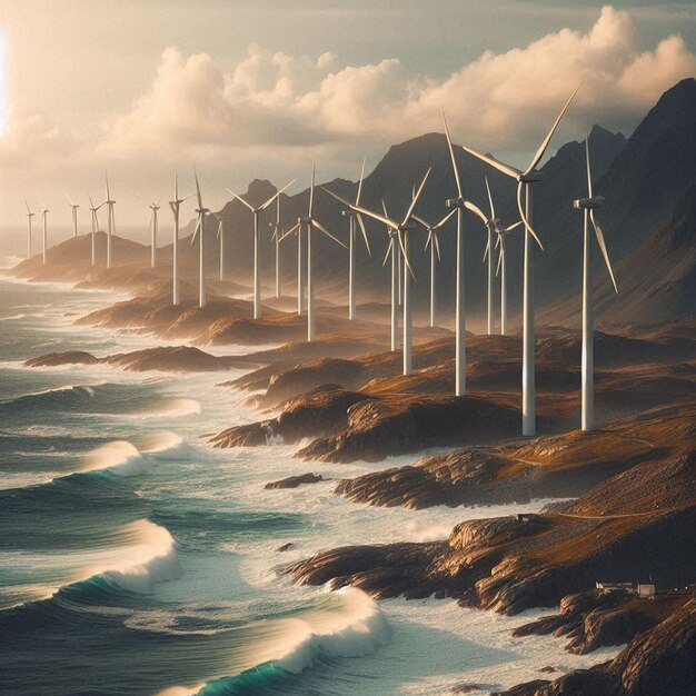 a picture of wind turbines in the ocean with the sun shining on the horizon