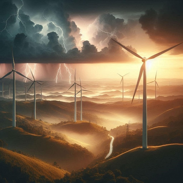 a picture of wind turbines with lightning in the background