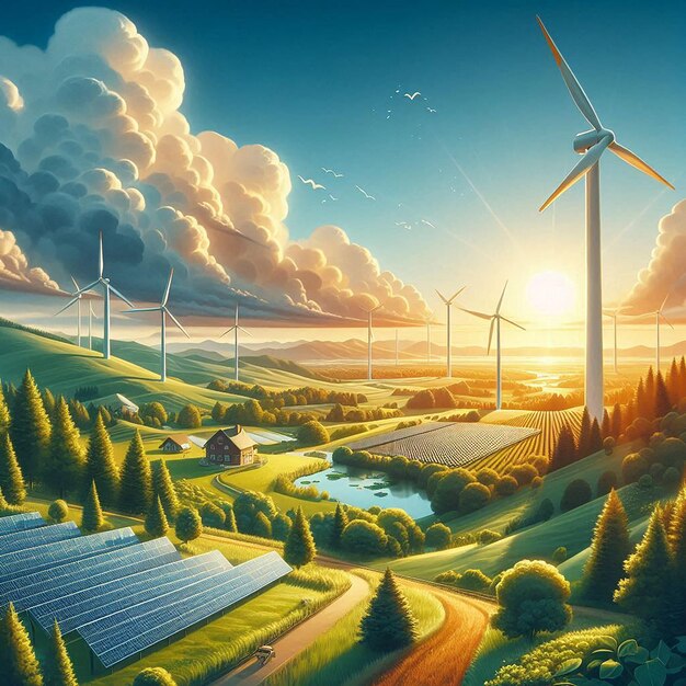 a picture of wind turbines with the sun setting in the background