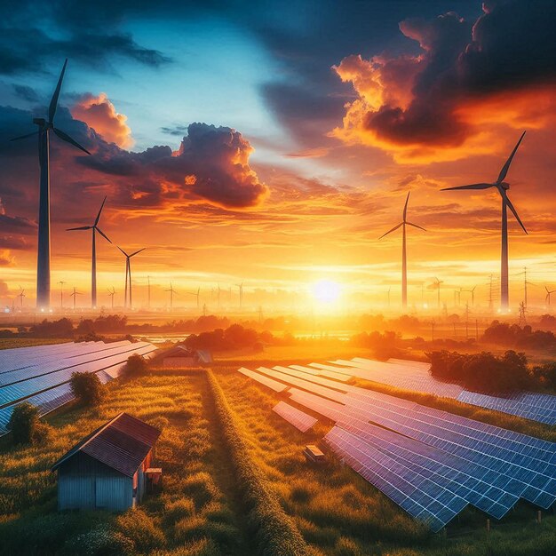 a picture of wind turbines with the sun setting behind them