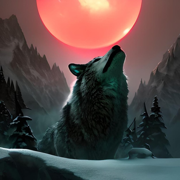 A picture of a wolf with a red moon in the background.