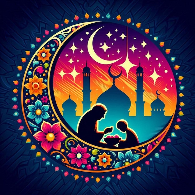 a picture of a woman and a child under a crescent moon