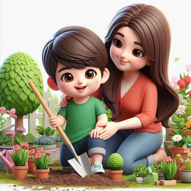 a picture of a woman and a child with a potted plant