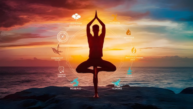 a picture of a woman doing yoga on the beach with the sunset in the background