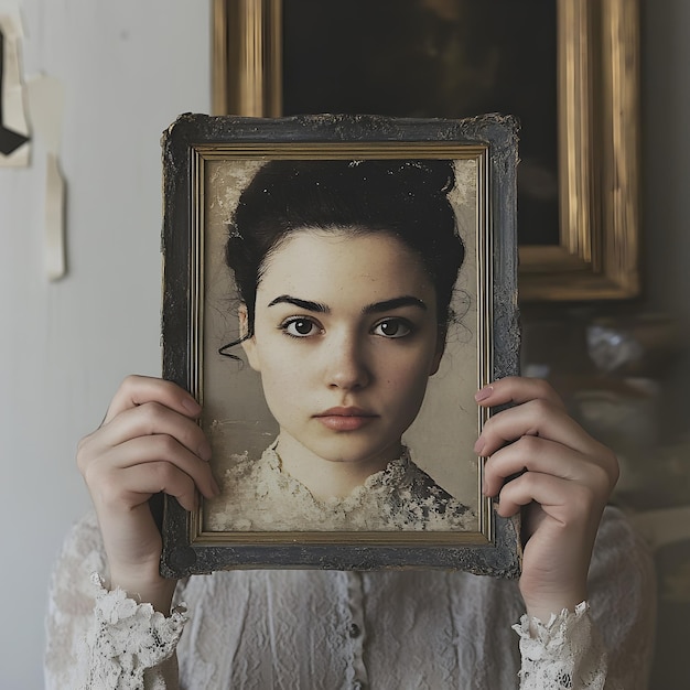 Photo a picture of a woman holding a frame that says  the word  on it