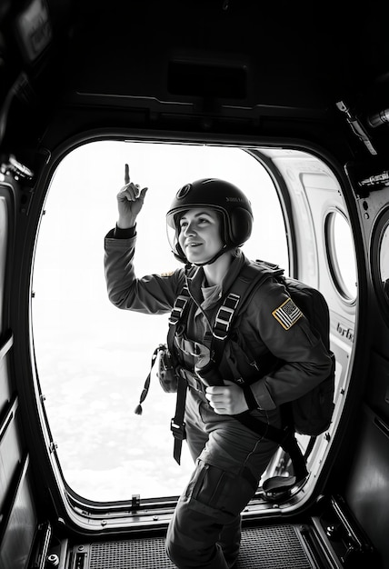 Photo picture a woman in military fatigues standing in the doorway of a plane ready for a parachute jump