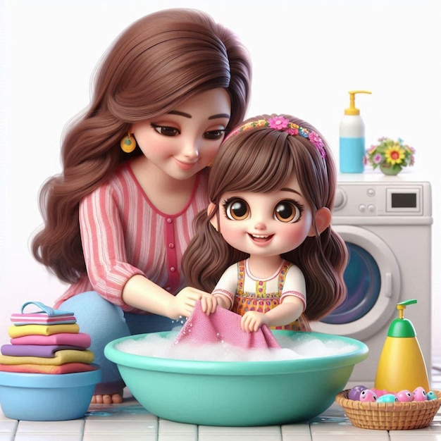 a picture of a woman washing a doll and a washing machine