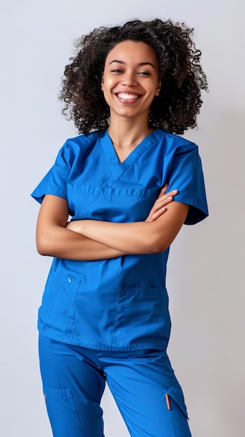 Photo picture of woman wearing blue scrub suit with smile on her face