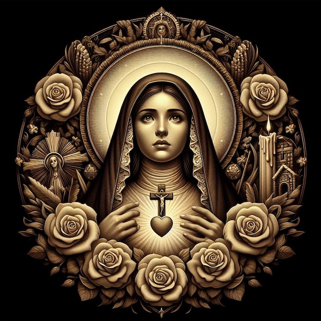 a picture of a woman with roses and a cross