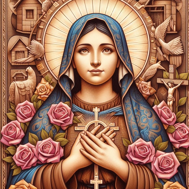 a picture of a woman with roses and a cross