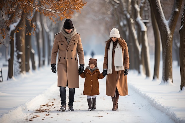 Picture of a wonderful family fly air fall snow frost winter holiday trip stroll park joyful positi