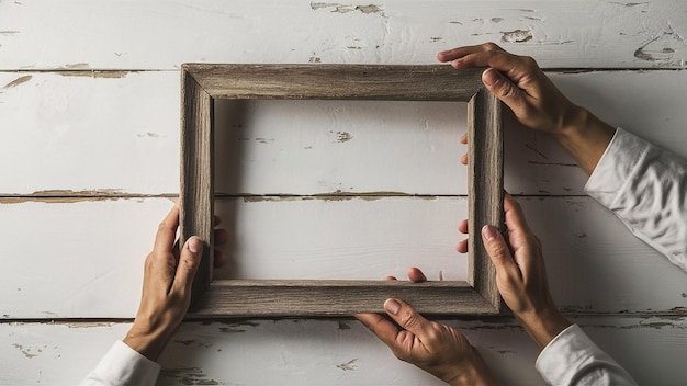 Photo a picture of a wooden frame with a person holding a picture of a crack