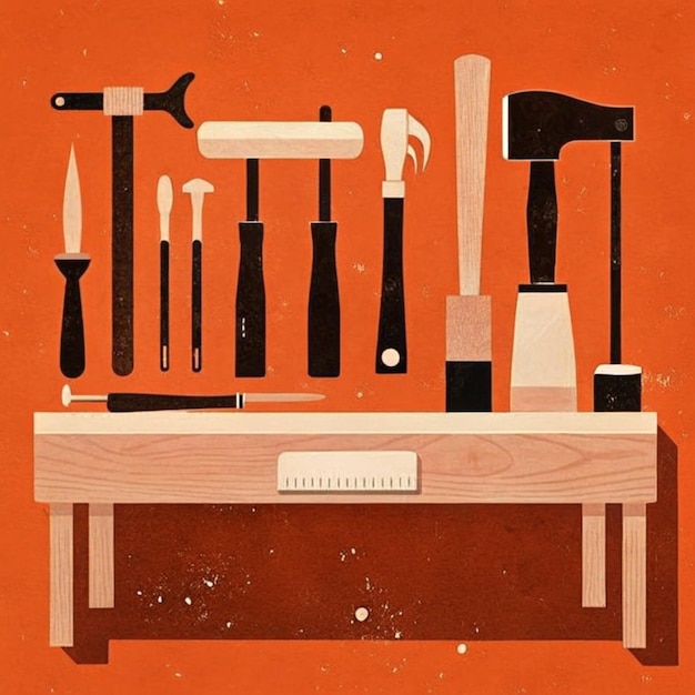 a picture of a wooden table with a hammer and other tools