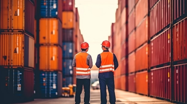 A picture of a worker in the industrial sector doing teamwork in a foreign container yard the idea of exporting products abroad GENERATE AI