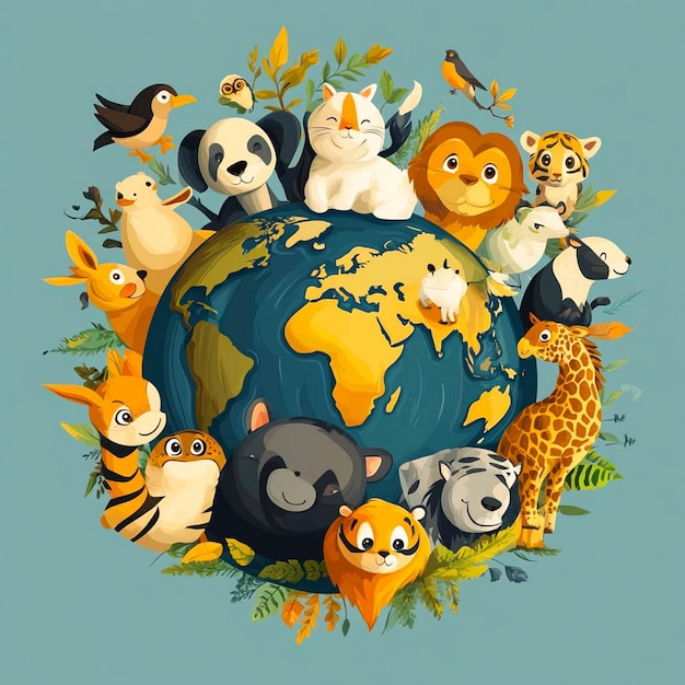 a picture of a world with animals and animals around it