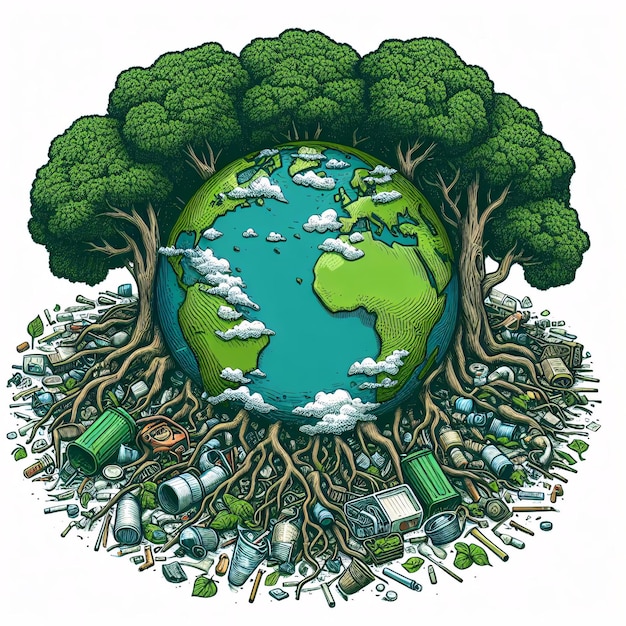 a picture of a world with the earth and the tree roots around it